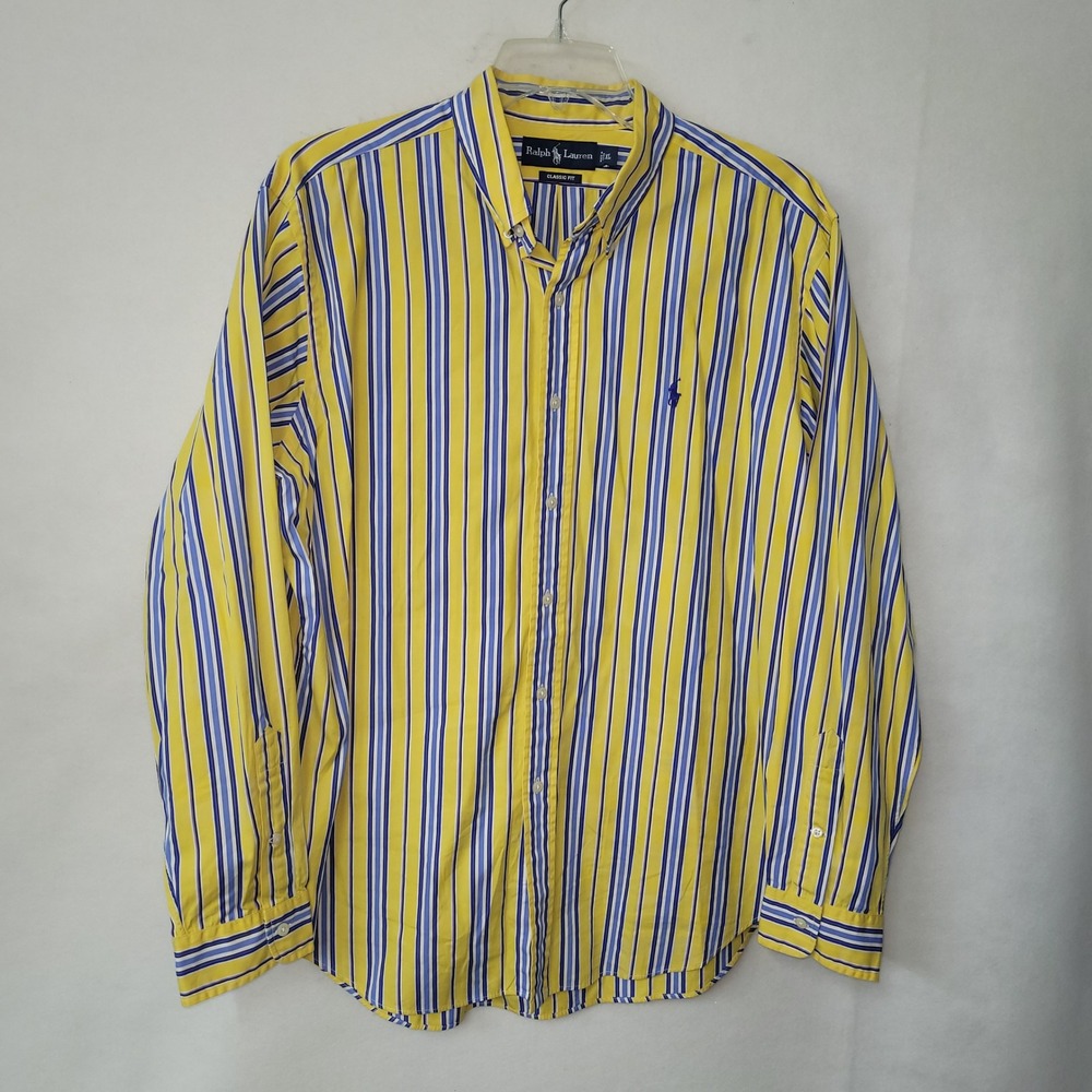 Ralph Lauren Mens XL Classic Fit Yellow‎ Blue Striped Button Down Shirt Vintage